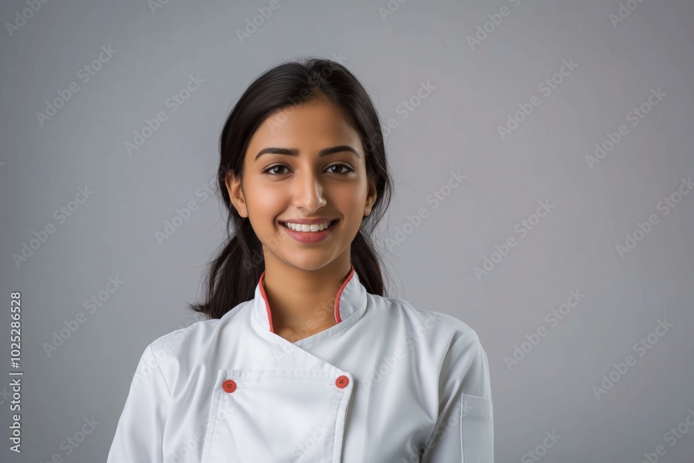 Young Indian woman chef wearing white coat with red collar and buttons. She is smiling and looking at camera with joy and satisfaction. Her hair is tied up in a bun, she has a pretty face and apron. Young Indian woman chef wearing white coat with red collar and buttons. She is smiling and looking at camera with joy and satisfaction. Her hair is tied up in a bun, she has a pretty face and apron.