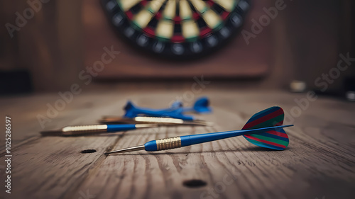 Darts arranged on a wooden table with a dartboard prominently displayed in the center.
