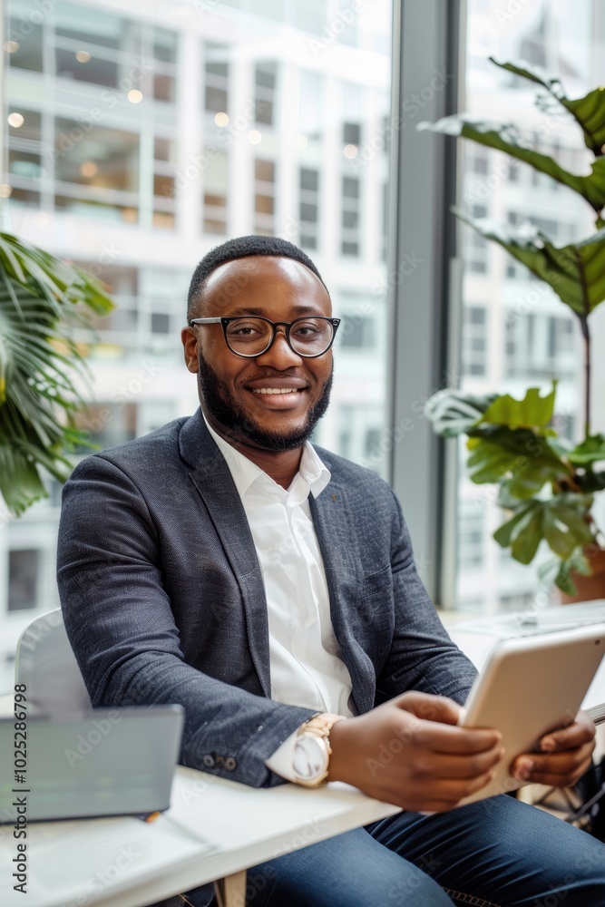 Business Professional Enjoying Financial Success in Modern Office Setting Business Professional Enjoying Financial Success in Modern Office Setting