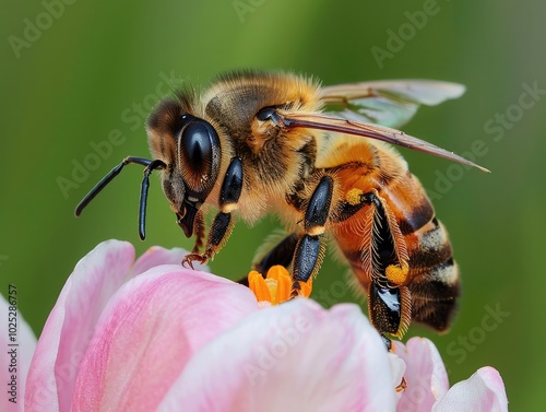 A Bee Pollinates a Spring Flower