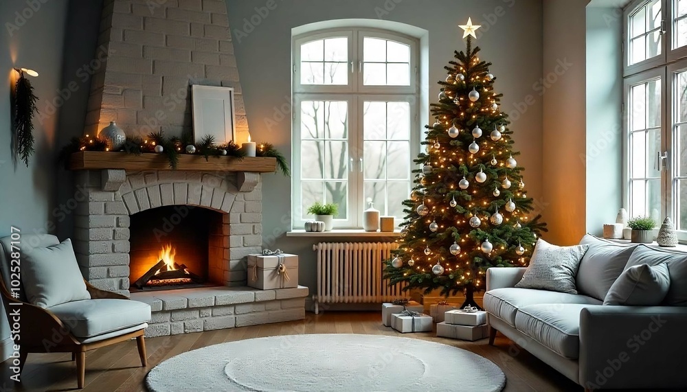 Christmas Tree in living room interior, presents, and a fireplace,Armchair, natural light, comfortable furniture, cozy place, created with generative ai Christmas Tree in living room interior, presents, and a fireplace,Armchair, natural light, comfortable furniture, cozy place, created with generative ai