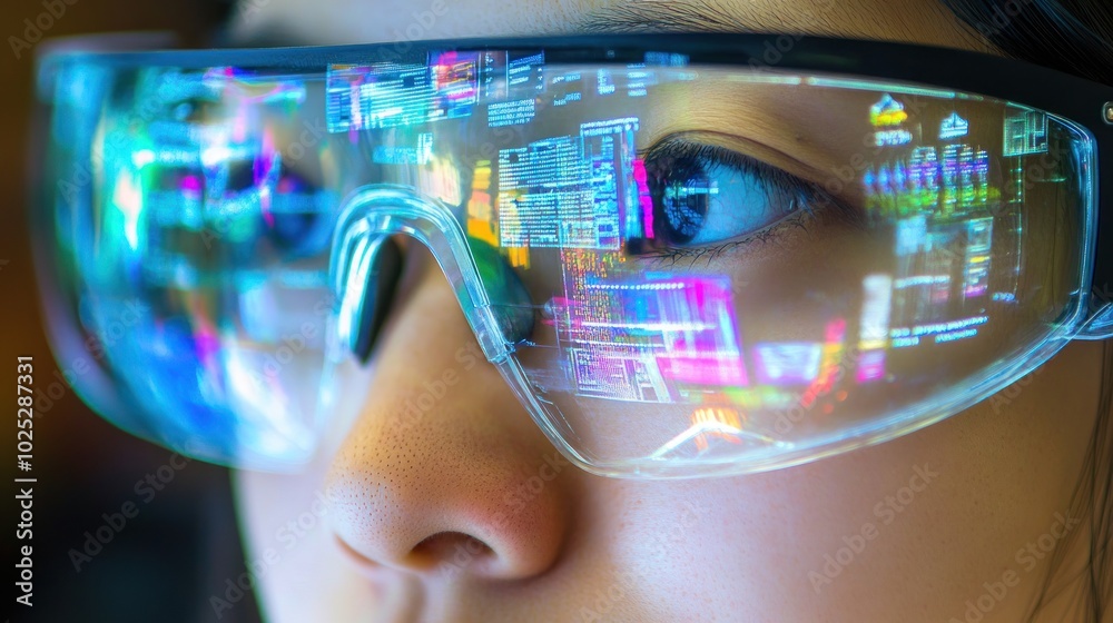 Close-up of a Person Wearing Augmented Reality Glasses Displaying Data Close-up of a Person Wearing Augmented Reality Glasses Displaying Data