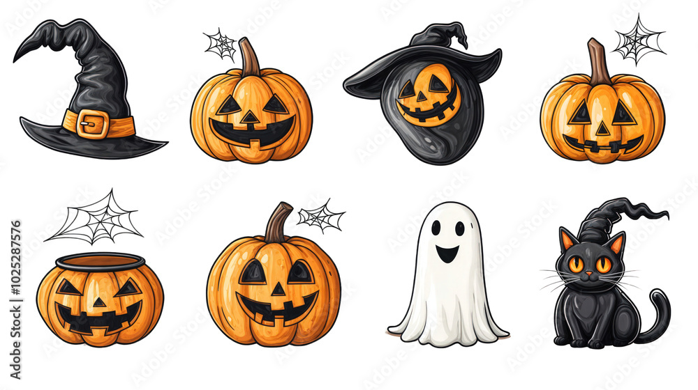 Halloween cartoon pumpkins with witch hats and spooky decorations isolated on transparent background Halloween cartoon pumpkins with witch hats and spooky decorations isolated on transparent background