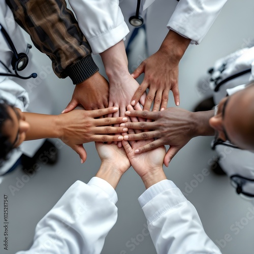 Diverse Healthcare Professionals United in Teamwork: Symbolizing Collaboration and Support in a Medical Setting with Hands and Forearms Together