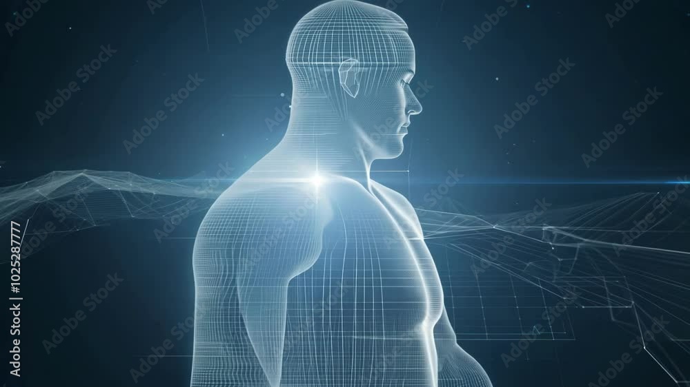 Digital representation of the human body with glowing lines representing data and connectivity. The futuristic design suggests advanced technology and innovation. Digital representation of the human body with glowing lines representing data and connectivity. The futuristic design suggests advanced technology and innovation.
