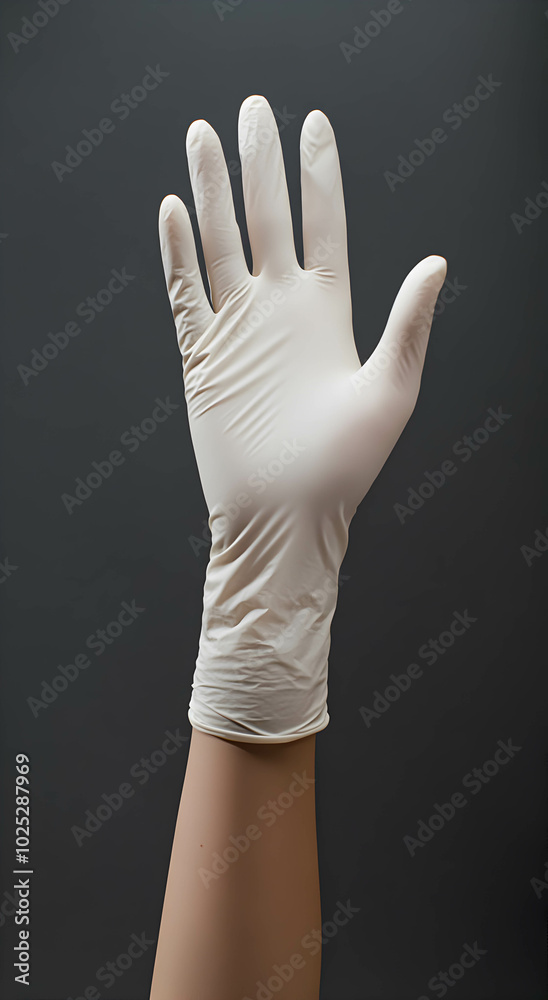 Obraz premium Female hand in white latex glove, on flat gray background, close-up, copy space. Concept of sterile cosmetology, medicine.