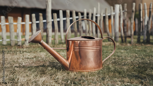 A copper watering can rests on the grass, positioned in front of a rustic wooden fence.