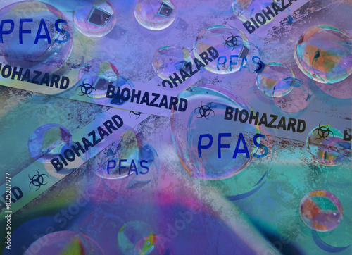 Water drops with PFAS text and Biohazard text -- Forever chemical water contamination concept