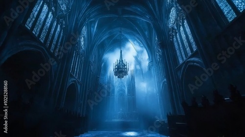 Gothic cathedral interior with a mysterious, spiritual feel, featuring dark tones and glowing candlelight.