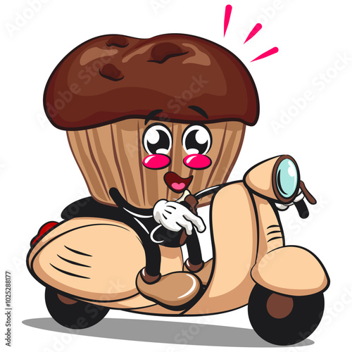 kawaii cartoon chocolate muffin with chocolate chip character mascot isolated vector illustration riding a scooter, work of hand drawn