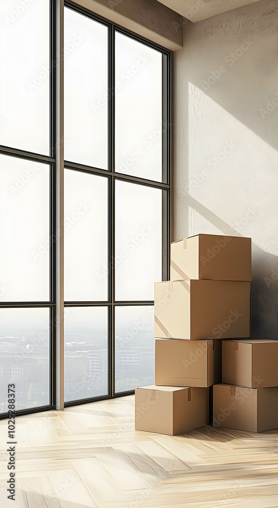 A stack of cardboard boxes with things to move in a bright empty room. Large spacious room. Moving concept.