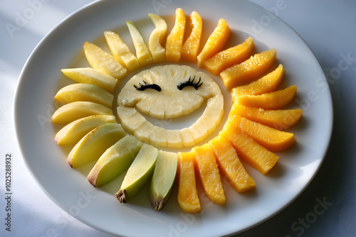 funny smiling sun made of fruits slices: apple, pineapple, mango; concept of healthy fresh meal photo