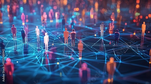 A vibrant digital network of interconnected figures, symbolizing social connections and the flow of information in a modern, technology-driven landscape.