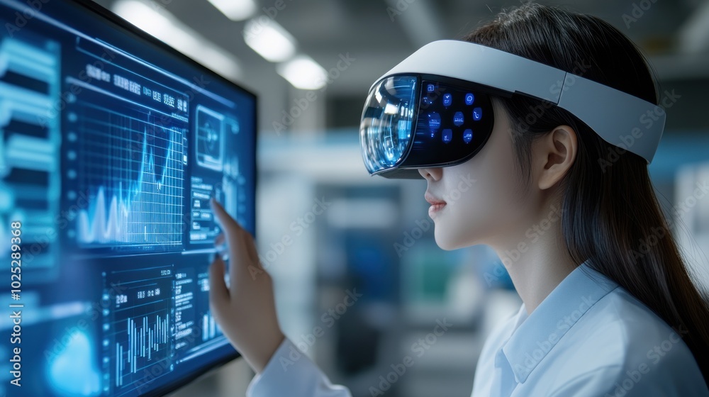 Woman in VR Headset Interacting with Digital Data on a Screen Woman in VR Headset Interacting with Digital Data on a Screen