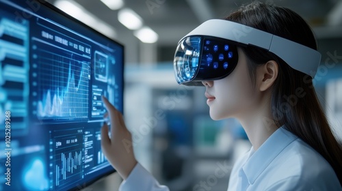 Woman in VR Headset Interacting with Digital Data on a Screen