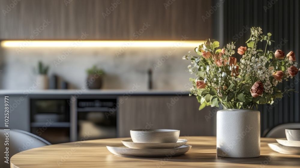 interior design style and decoration, wooden kitchen counter and cabinets. generative ai interior design style and decoration, wooden kitchen counter and cabinets. generative ai