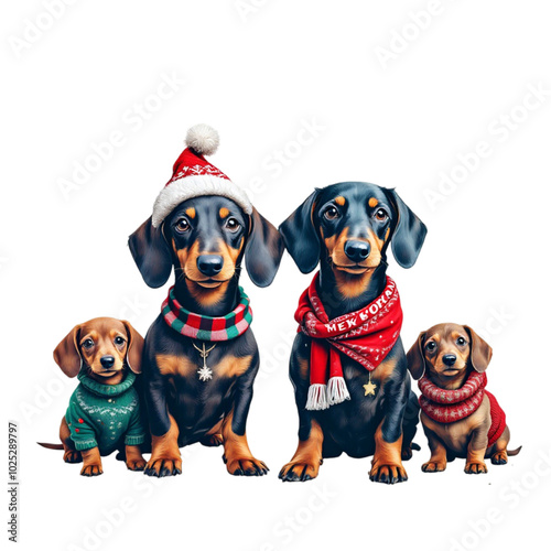 Four dachshunds are dressed in chrismtas photo