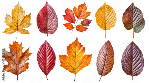  Set of colorful autumn leaves in various shapes and sizes isolated on transparent background