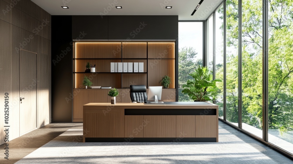 Fototapeta premium modern office with desk, cabinets and a large window generative ai