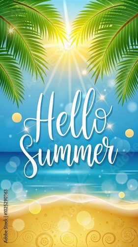 Hello Summer Holiday Illustration with Typography Letter and Sunglasses on Ocean Blue Background. Tropical Plants and Beach Ball on Paradise Island for Banner, Flyer, Invitation, Brochure