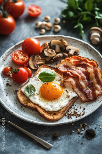 A hearty breakfast plate featuring crispy bacon, grilled mushrooms, and roasted tomatoes on toast