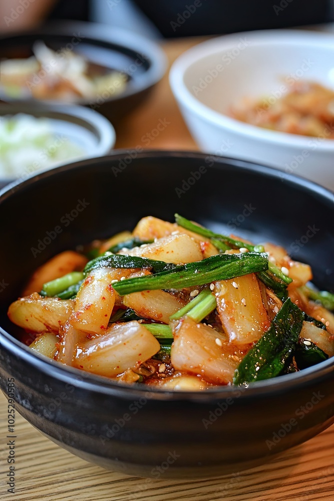 Delicious Homemade Kimchi Served in a Black Bowl With Green Onions at a Bustling Korean Restaurant