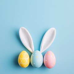 Easter party concept. top view photo of easter bunny ears white pink blue and yellow eggs on isolated pastel blue background with copyspace in the middle.