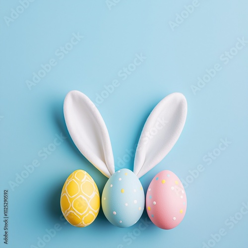 Easter party concept. top view photo of easter bunny ears white pink blue and yellow eggs on isolated pastel blue background with copyspace in the middle. photo