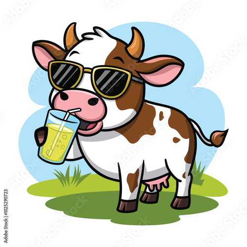 A clipart illustration of a cute cow wearing sunglasses and drinking lemonade 