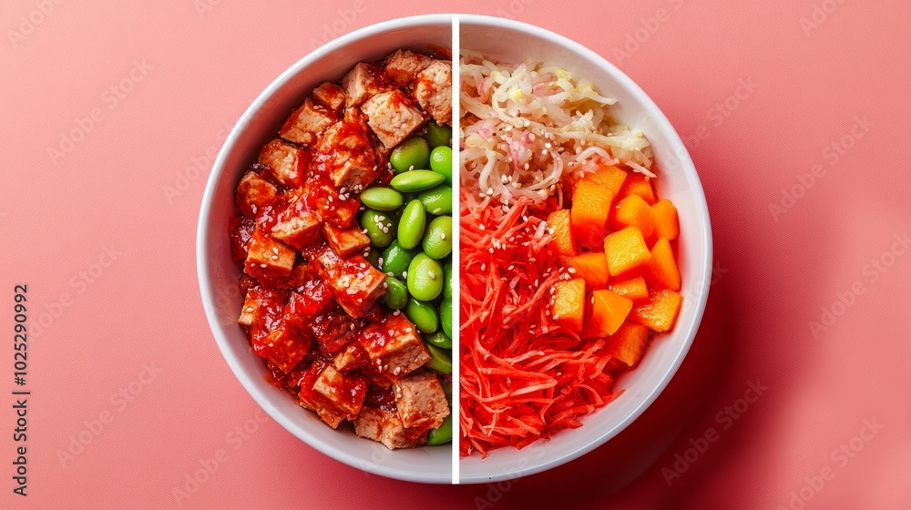 A white bowl divided in half, each side containing different ingredients of a poke bowl - tofu, edamame, and sauce on one side, and shredded cabbage, mango, and carrots on the other. A white bowl divided in half, each side containing different ingredients of a poke bowl - tofu, edamame, and sauce on one side, and shredded cabbage, mango, and carrots on the other.