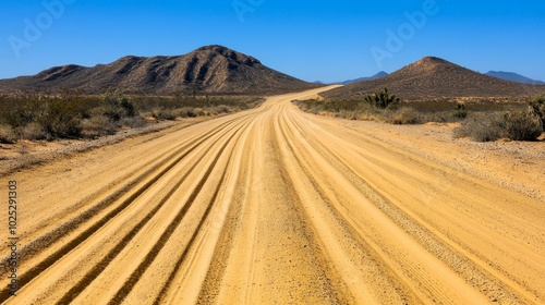 A long dirt road stretches into the distance, lined by tire tracks and mountains in the background under a clear blue sky.