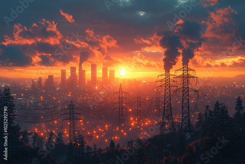 A city's power grid under strain, illustrating the challenges of maintaining energy supply during peak demand. Concept of energy crisis.
