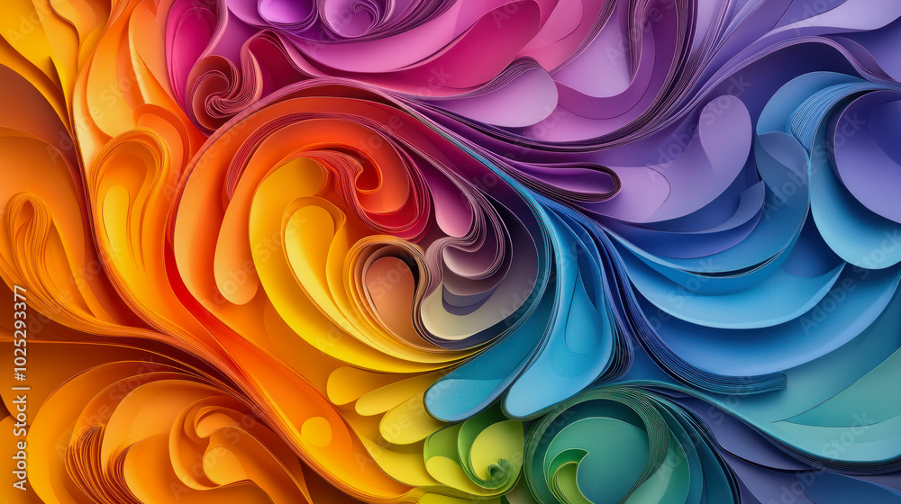 Colorful kirigami paper design with swirling patterns in vibrant hues