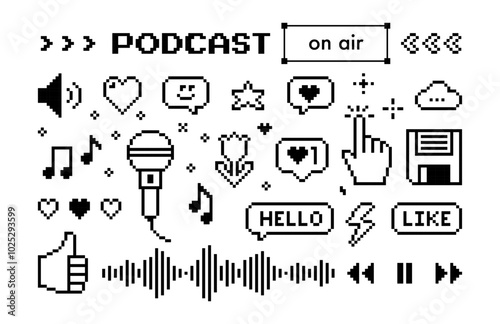 Set of radio podcast y2k pixel icons. Microphone, music note, speech bubble, equalizer, smile. Game abstract elements. Black color modern shape for collage and poster. Abstract geometric simple sign