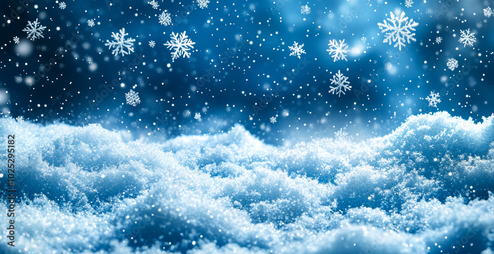A snowy landscape with a blue sky and snowflakes falling. Concept of calm and serenity, as the snow covers the ground and the sky. The snowflakes falling from the sky create a peaceful atmosphere A snowy landscape with a blue sky and snowflakes falling. Concept of calm and serenity, as the snow covers the ground and the sky. The snowflakes falling from the sky create a peaceful atmosphere