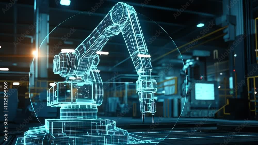 A detailed 3D hologram of a robotic arm is showcased in a high-tech industrial environment during advanced manufacturing processes. Technology background video A detailed 3D hologram of a robotic arm is showcased in a high-tech industrial environment during advanced manufacturing processes. Technology background video