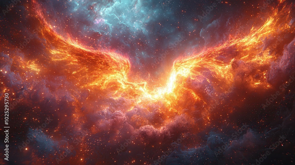 A stunning cosmic scene depicting vibrant wings of flame emerging from cloud-like formations in space. The vivid colors evoke a sense of mythical beauty. A stunning cosmic scene depicting vibrant wings of flame emerging from cloud-like formations in space. The vivid colors evoke a sense of mythical beauty.