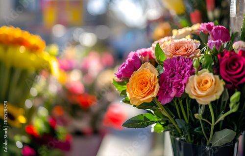 A bouquet of flowers with a variety of colors including yellow, orange, pink, and red