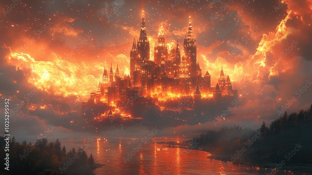 A stunning illustration of a castle engulfed in flames set against a dramatic stormy sky, reflecting in the calm waters below. A stunning illustration of a castle engulfed in flames set against a dramatic stormy sky, reflecting in the calm waters below.