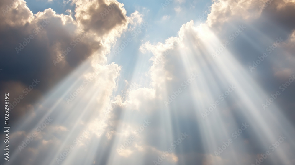 Fototapeta premium Beautiful rays in sky. God light in heaven symbolizing divine presence, truth, spiritual illumination, God love and grace. Light beams blessing world with heavenly light