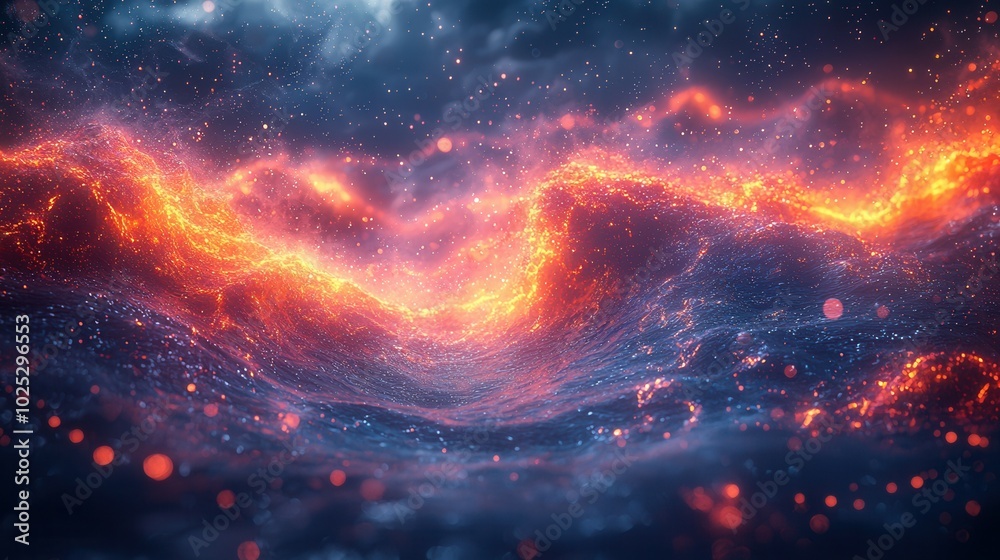 A captivating digital illustration showcasing abstract waves of fiery orange and red against a dark blue background, creating a dramatic cosmic scene. A captivating digital illustration showcasing abstract waves of fiery orange and red against a dark blue background, creating a dramatic cosmic scene.