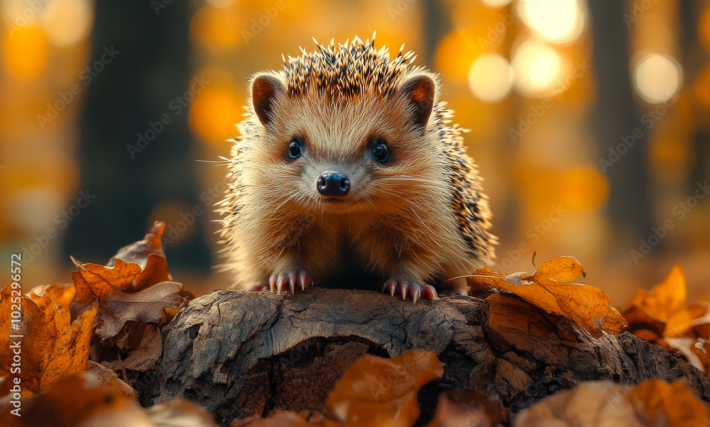 A small brown and white hedgehog is standing on a pile of leaves. The hedgehog is looking up at the camera, and the leaves around it are orange and yellow. The scene has a warm and cozy feeling A small brown and white hedgehog is standing on a pile of leaves. The hedgehog is looking up at the camera, and the leaves around it are orange and yellow. The scene has a warm and cozy feeling