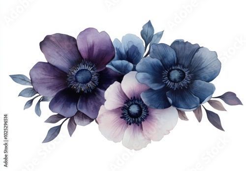 This watercolor illustration of dark hellebores, anemones, and clematises branches is ideal for creating invitations, wedding cards, and more. photo