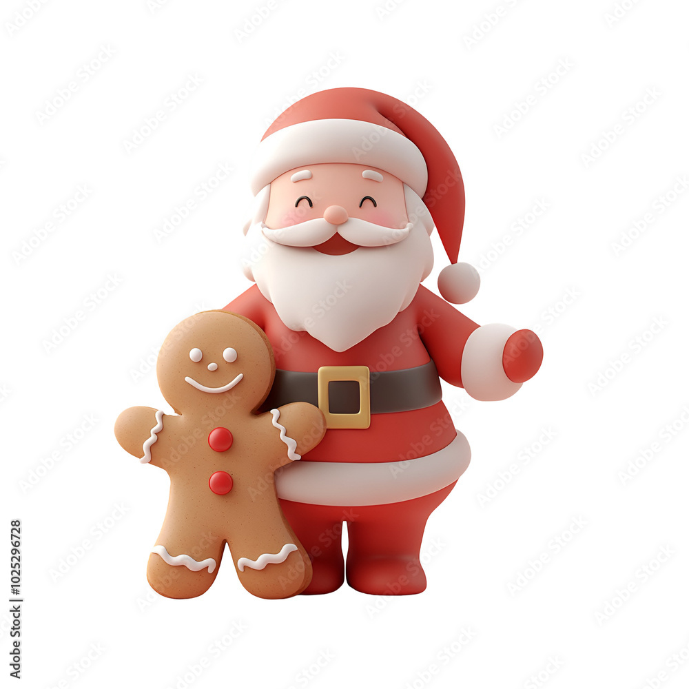 Obraz premium Christmas Character 3D Render Illustration Cartoon: Santa Claus with a Gingerbread Man, Isolated on Transparent Background, PNG