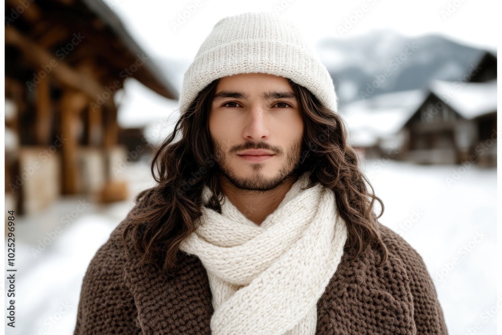 Winter portrait of man with beard in knitted scarf and hat against snowy alpine village background Winter portrait of man with beard in knitted scarf and hat against snowy alpine village background