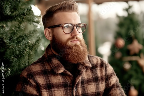 Stylish bearded man in glasses by christmas trees wearing plaid jacket