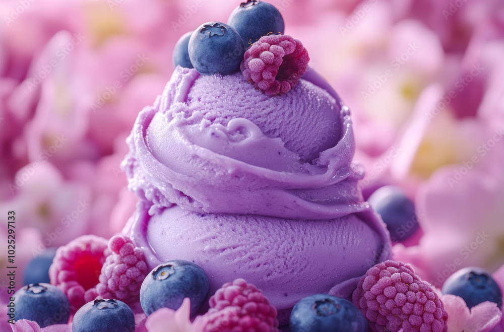A purple ice cream cone with blueberries and raspberries on top. The ice cream is purple and the berries are blue and red A purple ice cream cone with blueberries and raspberries on top. The ice cream is purple and the berries are blue and red