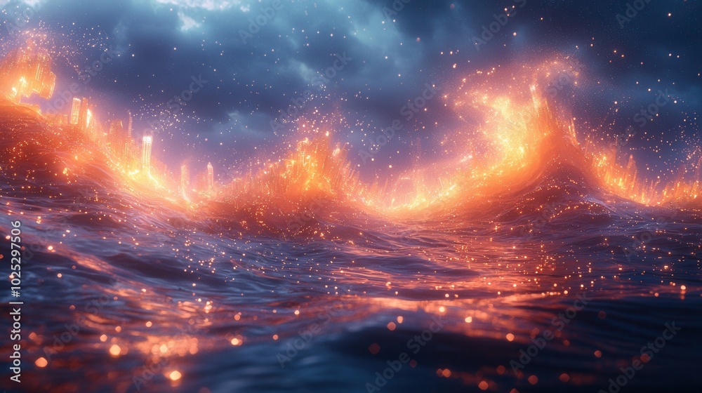 A breathtaking view of fiery waves illuminated by sparkling lights under a dramatic sky, showcasing a surreal oceanic landscape. A breathtaking view of fiery waves illuminated by sparkling lights under a dramatic sky, showcasing a surreal oceanic landscape.