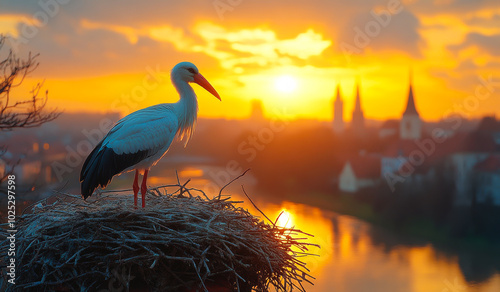 A white bird is perched on a nest in front of a beautiful sunset. The bird is a stork, and it is looking out over the water. The scene is peaceful and serene, with the bird