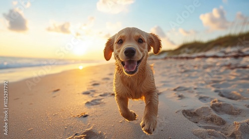 Happy puppy running along beach during sunset, joyful pet playing in sand, carefree summer moment, golden light, fun dog scene, outdoor beachside atmosphere photo